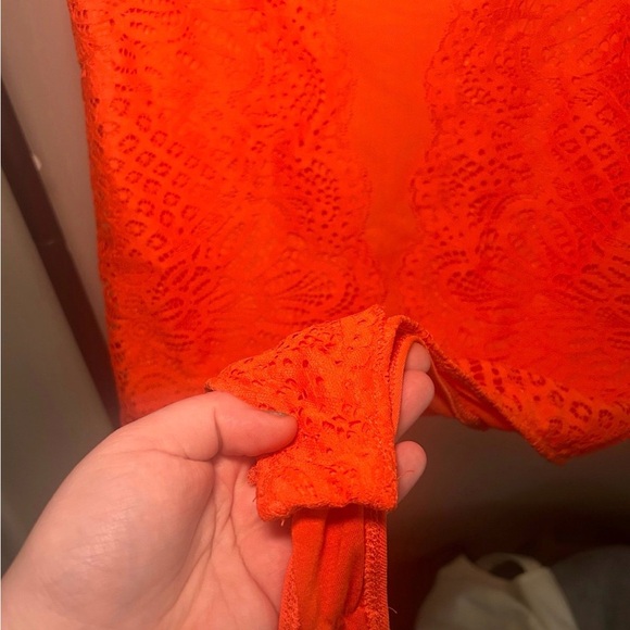 U2B 2X Neon Orange Lace Bodysuit Plus Size Sheer Detail Festival Bodycon - Picture 3 of 4